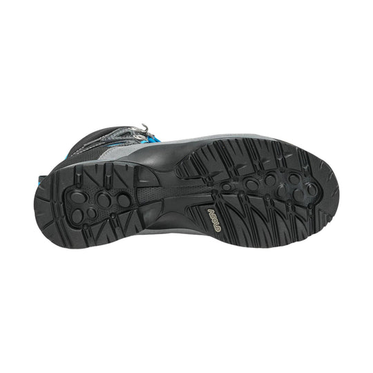Black hiking boot outsole with deep tread and Asolo logo