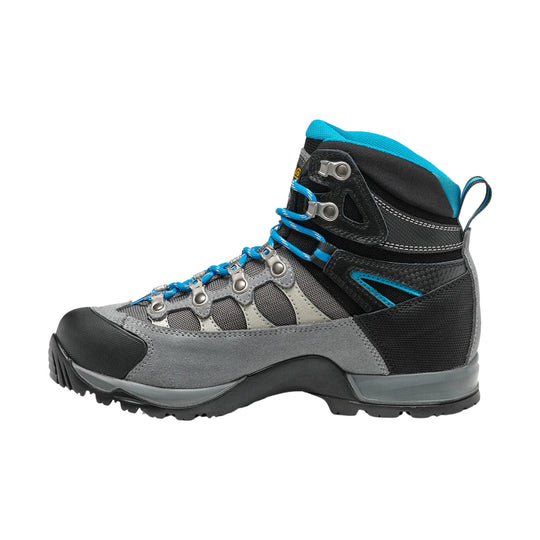 Grey and black hiking boot with bright blue laces, padded collar, and rugged lug sole