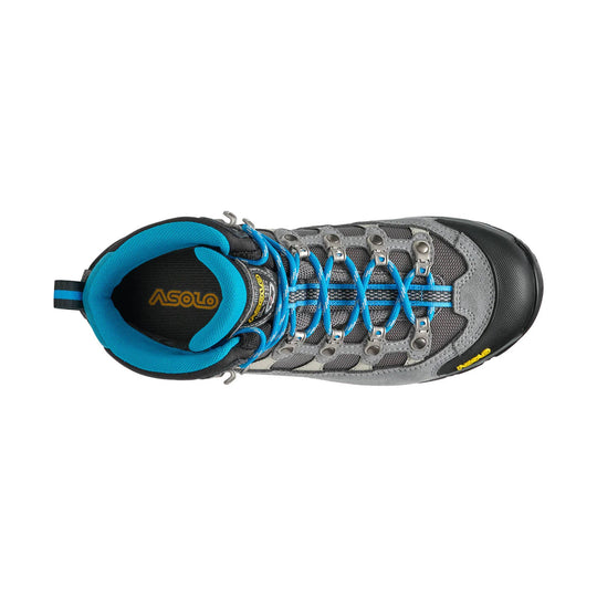 Gray hiking boot with bright blue laces and padded collar, shown from above