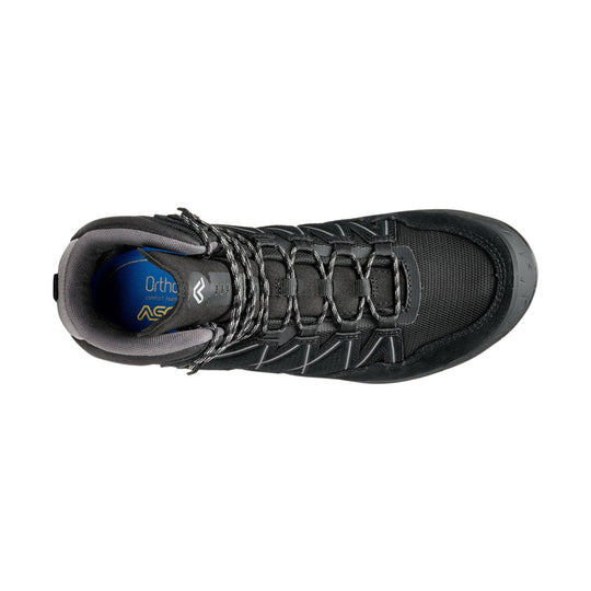 Black low-cut hiking boot with bungee laces, padded collar, and mesh upper