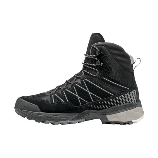 Black high-top hiking boot with bungee laces, mesh panels, and a gray lug sole, side view