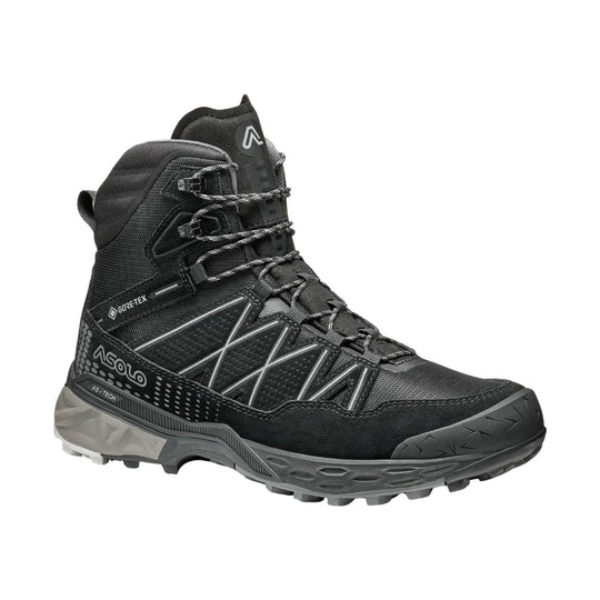 Black mid-height hiking boot with Gore-Tex branding, speed laces, and rugged gray outsole