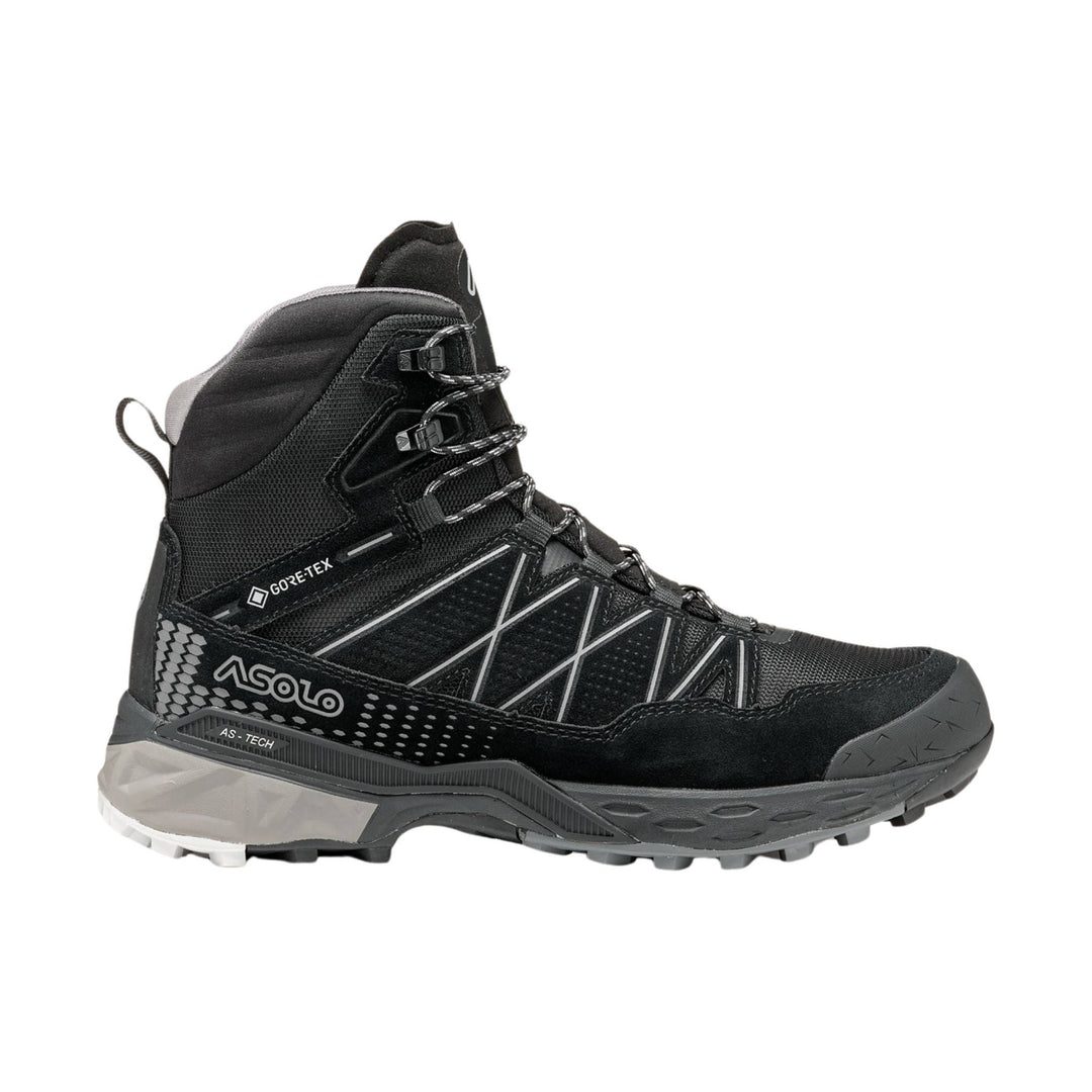 Black mid-height hiking boot with GORE-TEX branding, speed laces, and a gray lugged sole