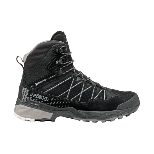 Black mid-height hiking boot with GORE-TEX branding, speed laces, and a gray lugged sole