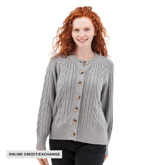 Gray cable-knit button-front cardigan on a model with an online credit/exchange label
