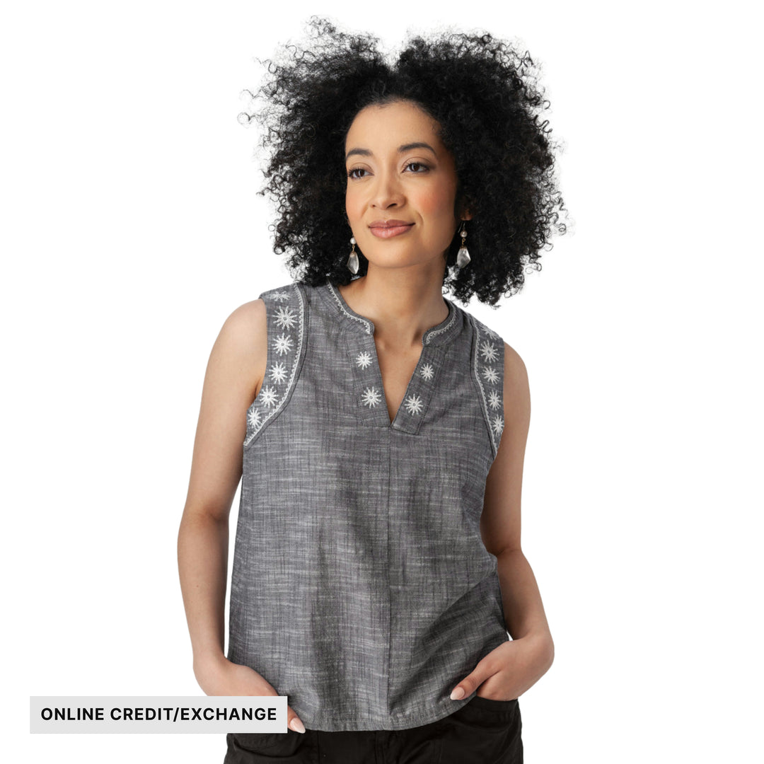 Aventura Women's Festival Embroidered Split Neck Tank - Black - ONLINE CREDIT/EXCHANGE - Lenny's Shoe & Apparel