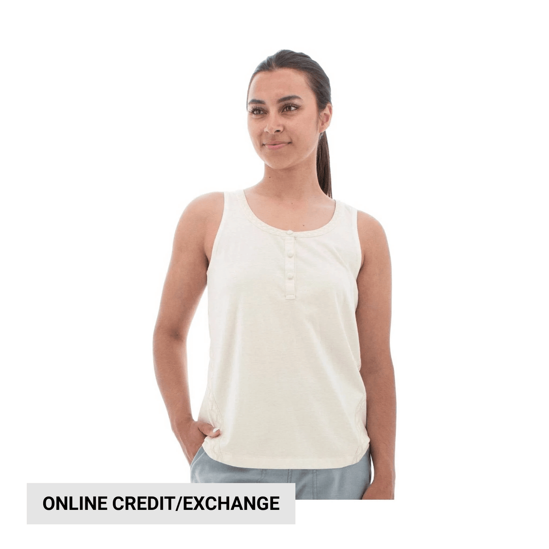 White sleeveless henley tank top on a model