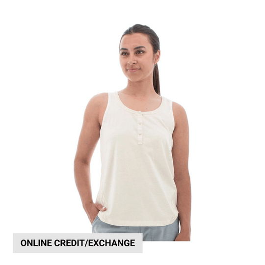 White sleeveless henley tank top on a model