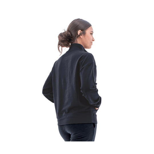 Black long-sleeve pullover shown from the back on a model