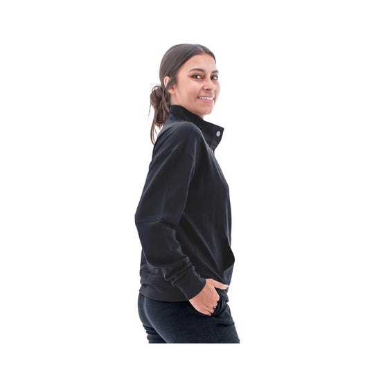 Black quarter-zip pullover shown on a woman in side view