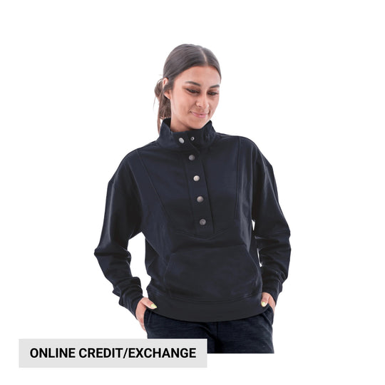 Black quarter-snap pullover sweatshirt with a high collar and front kangaroo pocket