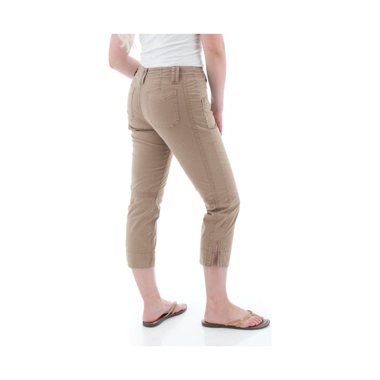 Beige cropped pants with back pocket and side slit hem, shown on a model from the back