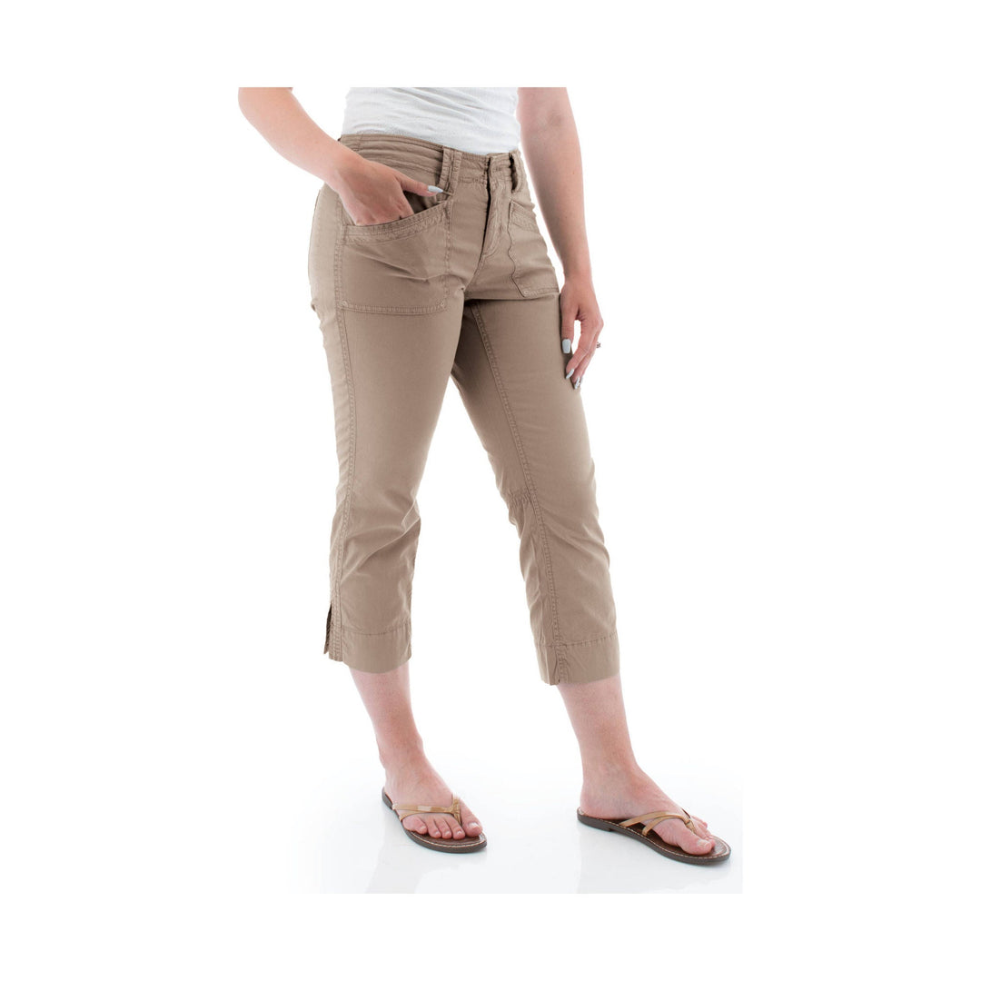 Light khaki cropped pants with front patch pockets and rolled cuffs