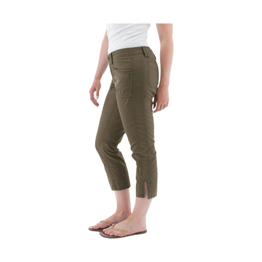 Olive cropped cargo pants with ankle slits and side pockets, shown with a white tank top and sandals