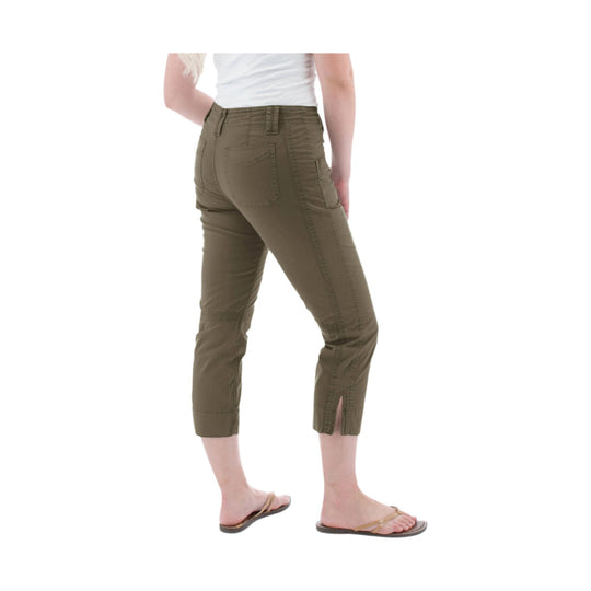 Olive cropped pants shown from the back with seam detailing, back pockets, and ankle slits.