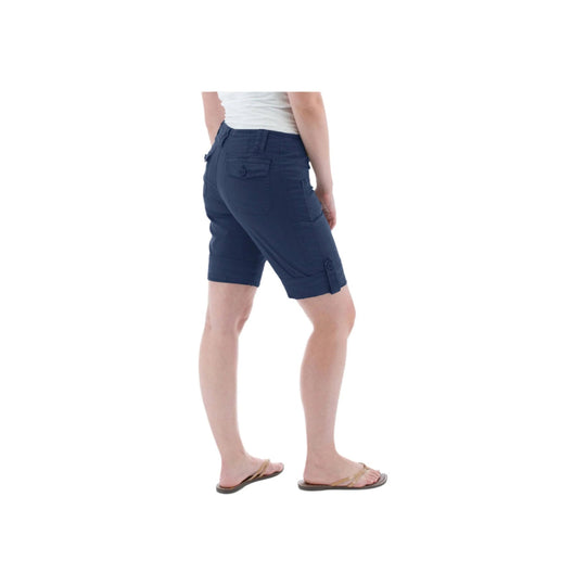 Navy cargo shorts with rolled hems, side flap pocket, and button tab detail, shown on a model from the side