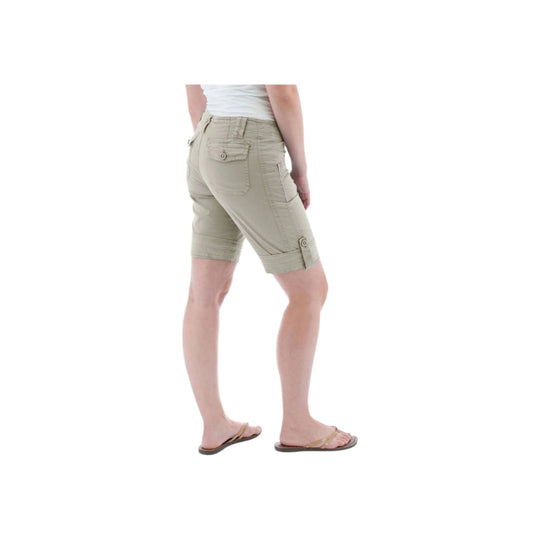 Beige roll-up cargo shorts shown in side view