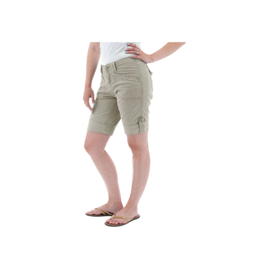 Khaki roll-up cargo shorts with flap pockets and button tab details