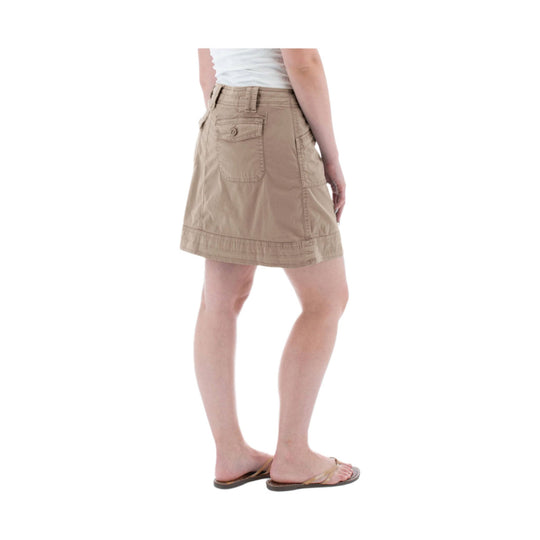 Beige knee-length skort with back pocket and side cargo pocket, shown from the back