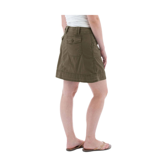 Olive knee-length skort with a back flap pocket and side cargo pocket