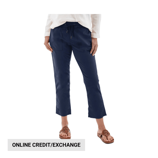 Navy ankle-length pants with drawstring waist and front patch pockets