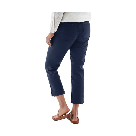 Navy cropped ankle pants with back pockets, shown from the side and back.