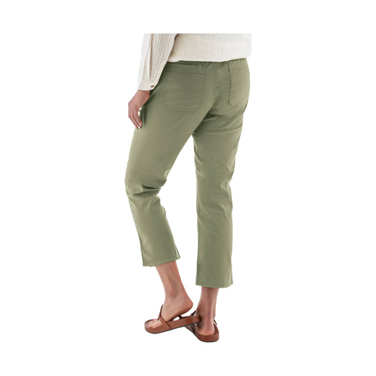 Olive green ankle-length pants shown from the back with patch pockets and a cropped straight leg