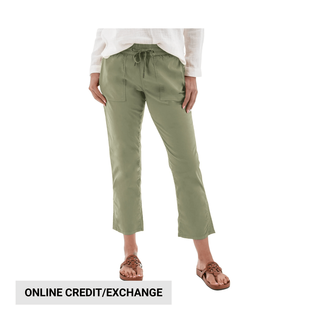 Light olive ankle pants with drawstring waist and front patch pockets