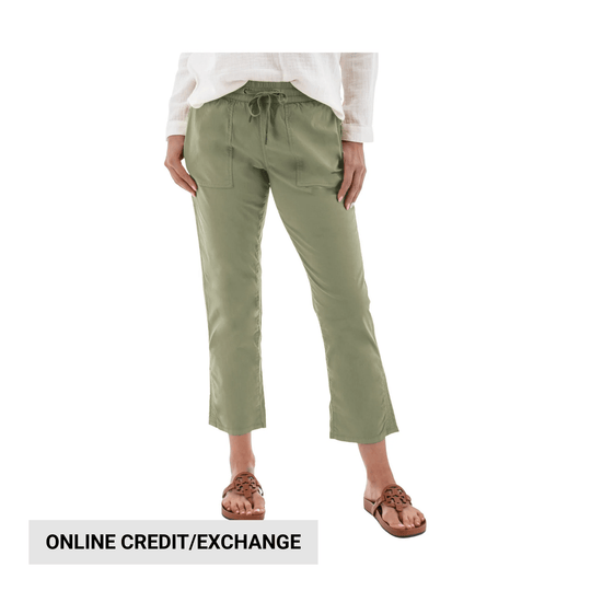 Light olive ankle pants with drawstring waist and front patch pockets