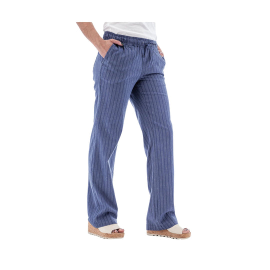 Blue striped wide-leg pants with an elastic waist and cuffed hem, shown with white platform sandals