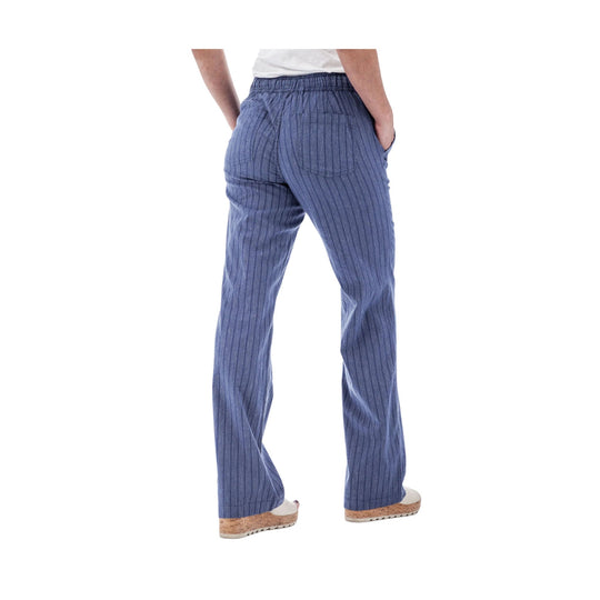 Blue striped wide-leg pants worn with white top and wedge sandals, back view