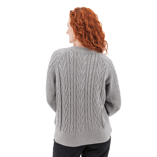 Gray cable-knit cardigan shown from the back