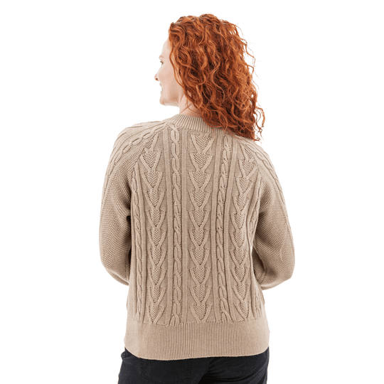 Beige cable-knit cardigan shown from the back