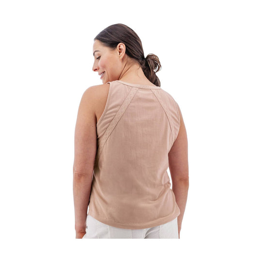 Beige sleeveless tank top shown from the back with a racerback-style panel and curved hem