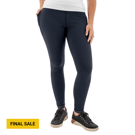 Black fleece leggings with a white top and black sneakers, labeled FINAL SALE
