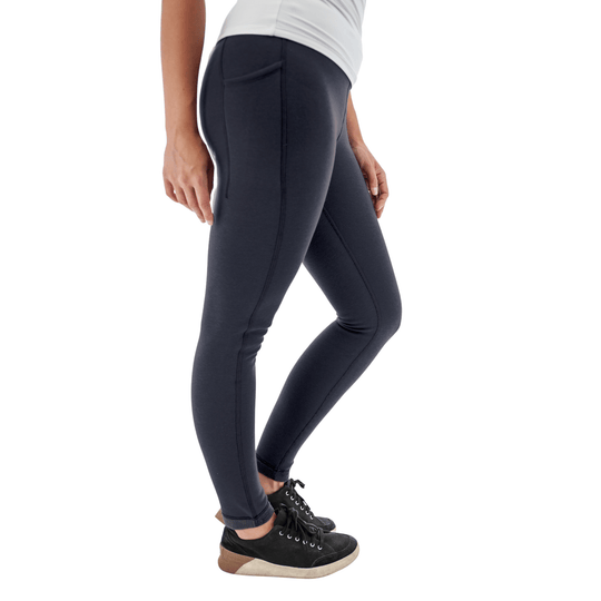 Dark gray full-length leggings with seam detailing, shown with black sneakers in side view