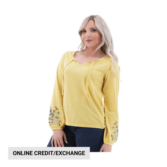 Yellow long-sleeve blouse with floral embroidery on the sleeves