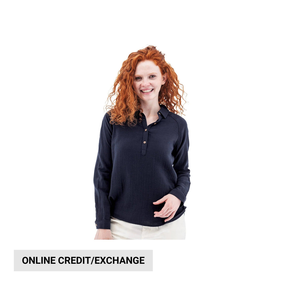 Navy long sleeve henley top on a model