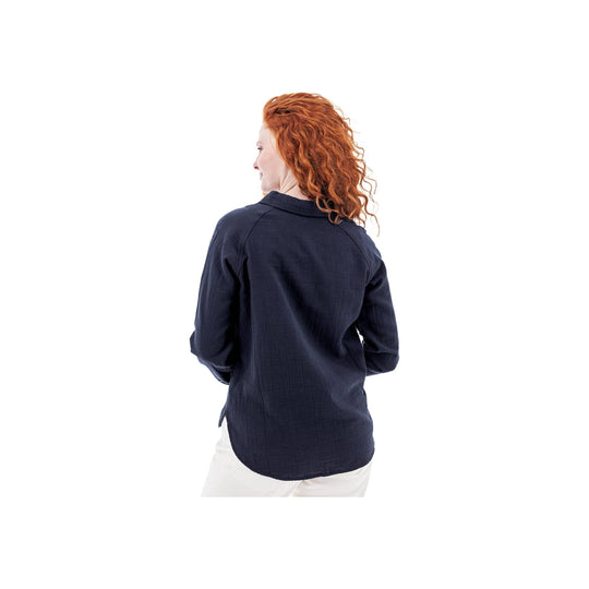 Dark navy long-sleeve button-up shirt shown from the back on a model