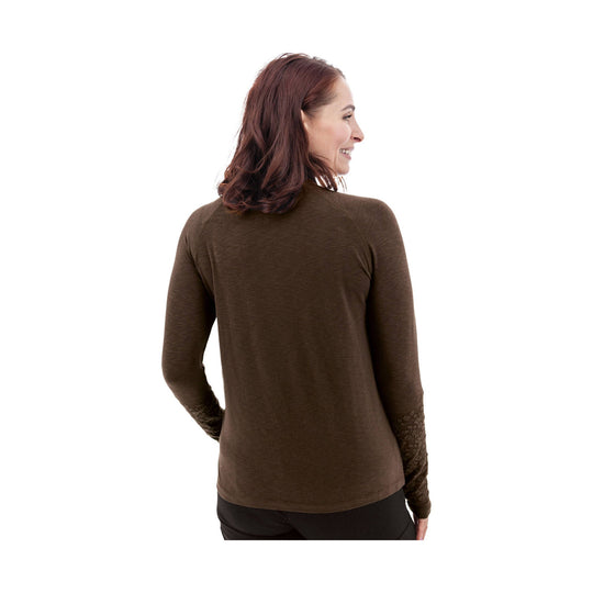 Brown long-sleeve pullover shown from the back on a model