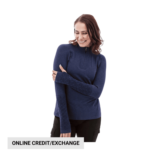 Woman wearing a navy quarter-zip pullover and black pants with "ONLINE CREDIT/EXCHANGE" text overlay