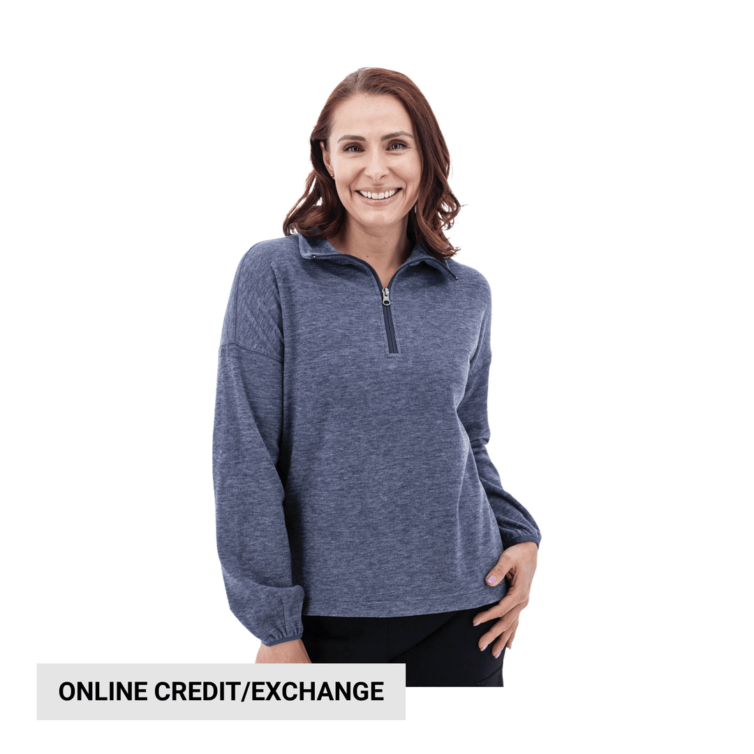 Blue heather quarter-zip pullover with long sleeves