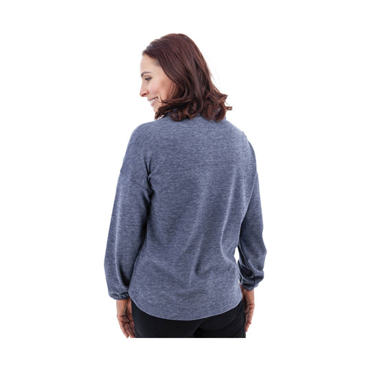 Back view of a heathered blue-gray long-sleeve pullover with a relaxed fit and curved hem