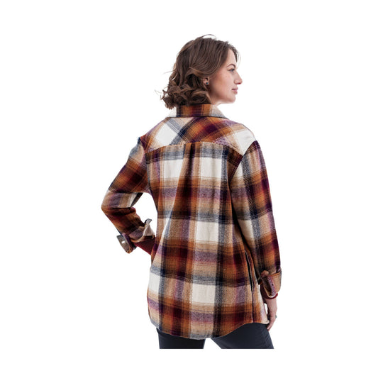 Brown, cream, and burgundy plaid long-sleeve button-up shirt shown from the back