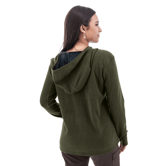 Olive green fleece hoodie shown from the back with a draped hood