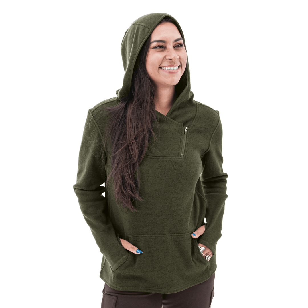 Olive green fleece hoodie with a half-zip front, hood, and kangaroo pocket