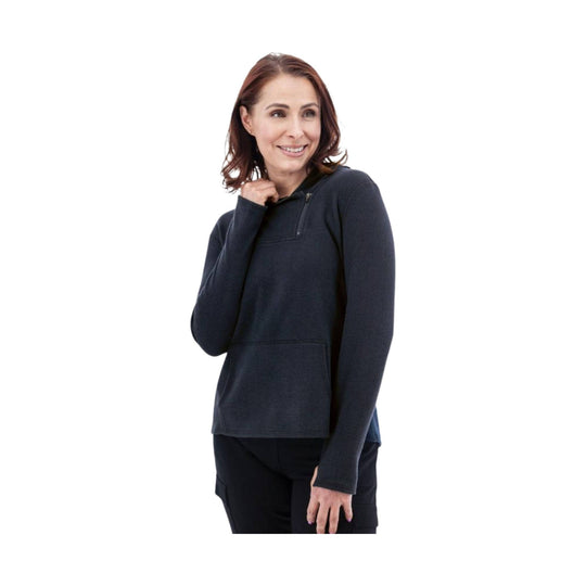 Woman wearing a dark navy fleece hoodie with a half-zip chest pocket and front kangaroo pocket