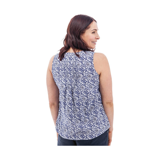 Sleeveless blue-and-white patterned tank top shown from the back