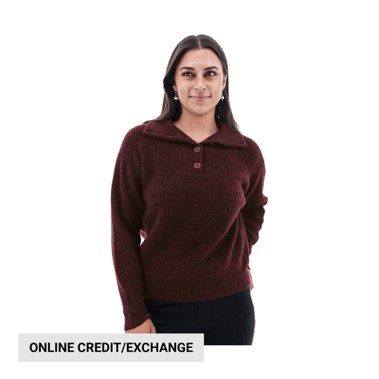 Burgundy knit sweater with a wide collar and three-button placket