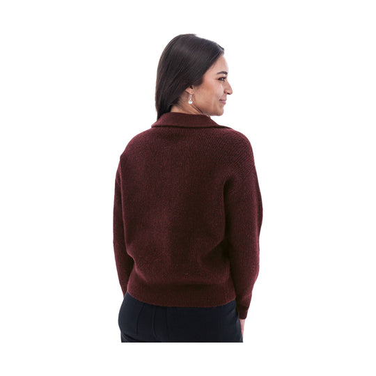 Burgundy textured knit sweater shown from the back on a model